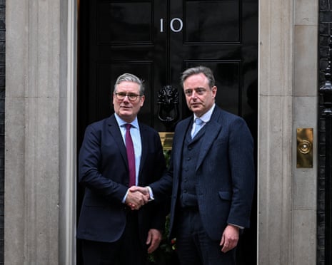 British prime minister Keir Starmer welcomes Belgian prime minister Bart De Wever, outside 10 Downing Street, in London.