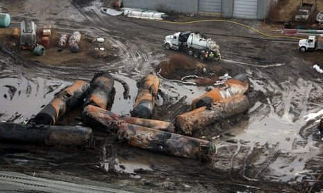 An aerial view of the train derailment several days after the incident, on 8 February, in Eaast Palestine, Ohio.