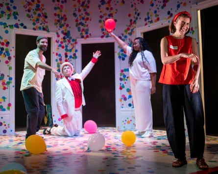 Tom England (as Xander), James Newton (as his son), Fowzia Madar and Jesse Meadows play a balloon game
