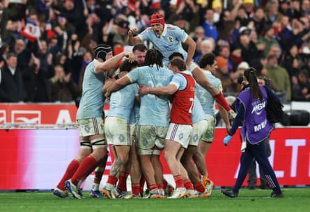 France players celebrate beating England.