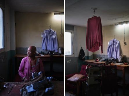 Two images that appear to have been taken in the same tailor’s shop. On the left, a man sits at a table looking out of the window, with a shirt hanging behind him. On the right is the same shirt with another shirt hanging in front of it in the middle of the room