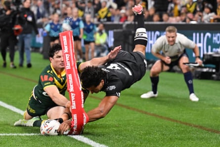 Casey McLean downs the ball for the opening try in New Zealand’s 2026 Rugby League World Cup clash with Australia