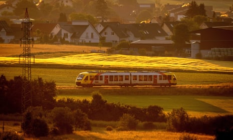 A regional train approaches the city of Wehrheim near Frankfurt