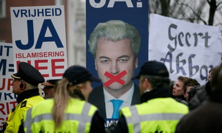 A 2010 rally in support of Geert Wilders during his trial for inciting racial hatred, with posters reading ‘Freedom Yes, Islamisation No’ and ‘Geert is Great’