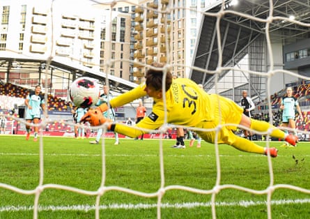 A view from behind the goal as Gabriela Zanotti’s strike beats Ann-Katrin Berger
