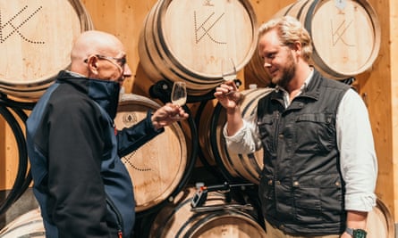 Winemaker Felix Orberg and his Austrian mentor Robert Steidl in the cellar of Kullabergs Vingård in Skåne, Sweden.