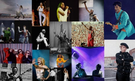 (Left to right, top to bottom) Ariana Grande, Freddie Mercury, Ozzy Osborne, Stormzy, Prince, Billie Eilish, David Bowie, Flavor Flav, Elton John, DMX, L7, Madonna, Beyoncé, Daft Punk, Johnny Rotten, BB King, Diana Ross and Céline Dion. 