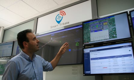 The city’s mayor, Dimitris Papastergiou, inside the control room which monitors everything from parking spaces to the town hall’s monthly budget.