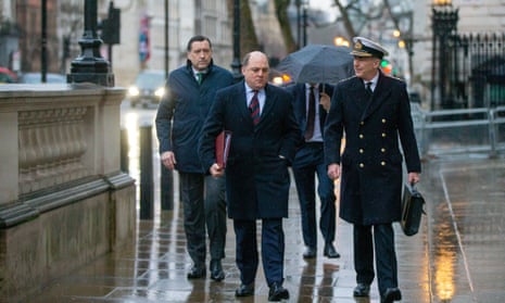 The defence secretary, Ben Wallace (centre left), and the chief of the defence staff, Tony Radakin, arriving for the Cobra meeting on Thursday morning. 