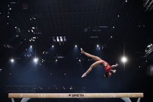 Belgium’s Jutta Verkest competes in the beam competition during the women’s overall final of the 2021 European Artistic Gymnastics Championships at the St Jakobshalle.