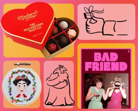 A composite of a heart-shaped box of chocolates, a Frida Kahlo cross-stitch and the front of the Bad Friend book with two black line illustrations of a hand giving a gift and two people hugging