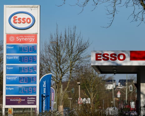 An exterior view of a digital board shows gasoline prices at a gas station in Hattingen, Germany.