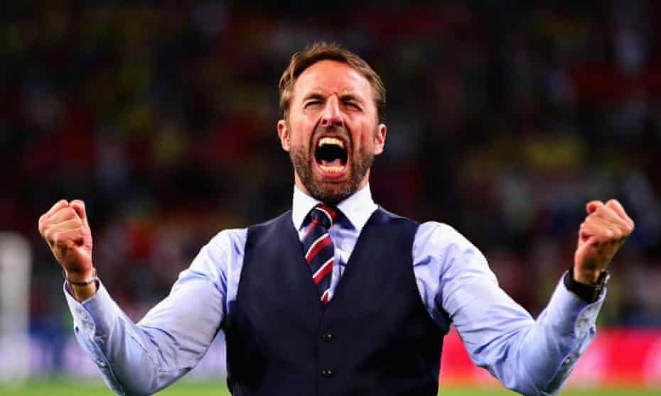 Head Coach of England Gareth Southgate celebrates England’s first knockout win in a World Cup for 12 years