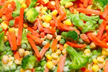 Closeup of mixed frozen vegetables.