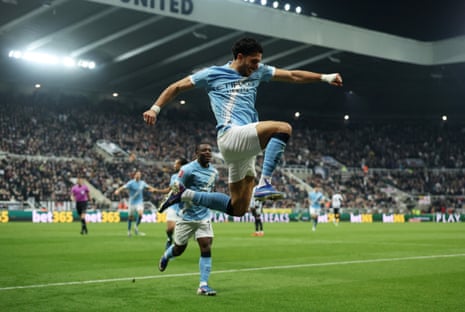 Manchester City’s Omar Marmoush celebrates scoring their second goal.