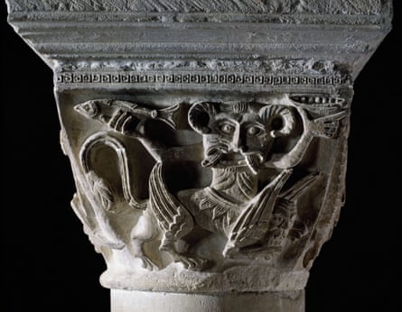Nefarious depths … a carving in the crypt of Canterbury Cathedral shows a figure with a fish and bowl sitting on a man’s head.