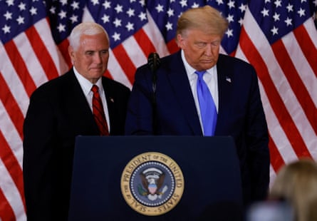 President Donald Trump and Vice-President Mike Pence stand while making remarks about early results from the 2020 U.S. presidential election in the East Room of the White House on 4 November 2020.