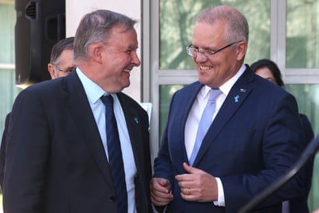 The Prime Minister Scott Morrison and Opposition leader Anthony Albanese at the Prostate Cancer Foundation Big Aussie BBQ in a courtyard of Parliament House, Canberra this afternoon.