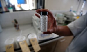 A worker showing a sample of lithium carbonate processed from the Rockwood Lithium mine.