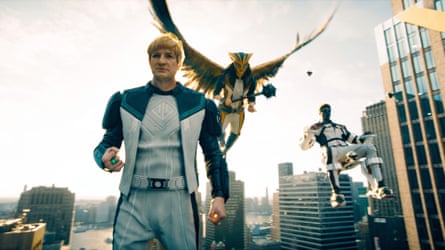 The Justice Gang … from left, Nathan Fillion (Green Lantern/Guy Gardner), Isabela Merced (Hawkgirl) and Edi Gathegi (Mister Terrific).