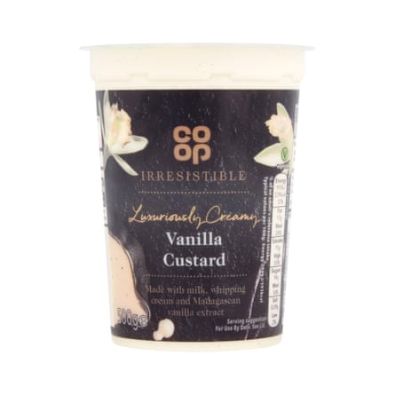A plastic tub of Co-op Irresistible vanilla custard with a dark, floral label