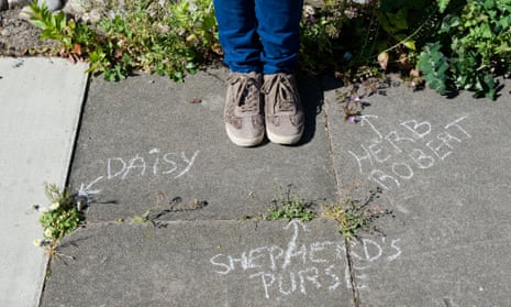Sophie Leguil, founder of More Than Weeds, stands over chalk names of plants on the pavement.