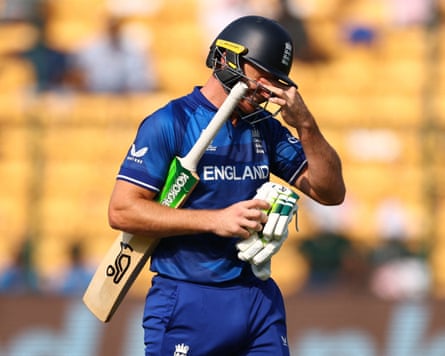 Jos Buttler reacts after losing his wicket in the 2023 World Cup defeat to Sri Lanka.