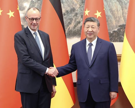 China's president Xi Jinping and Germany's chancellor Friedrich Merz shake hands at the Diaoyutai State Guesthouse in Beijing, China.