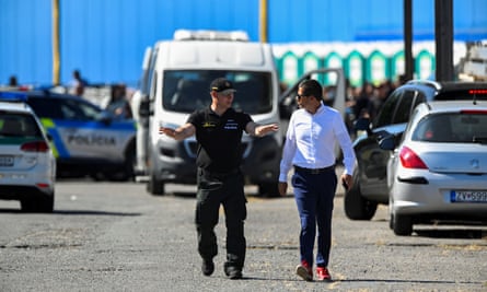 Slovak police president Stefan Hamran with a police officer at a camp for migrants near Velky Krtis, Slovakia, 6 September 2023