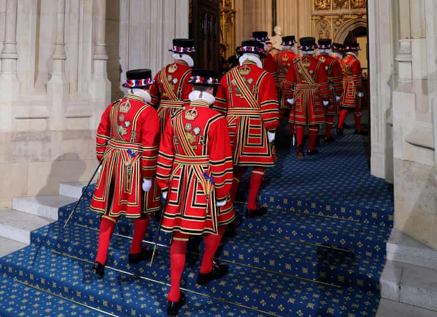 Yeomen of the Guard parading through the Sovereign’s entrance ahead at the Houses of Parliament this morning ahead of the State Opening.