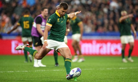 Handre Pollard of South Africa kicks his side's second penalty during the 2023 Rugby World Cup semi-final against England.
