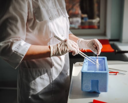 Female embryologist freezing reproductive cells in fertility clinic.