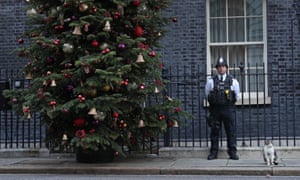 Seorang petugas polisi dengan Larry si kucing di Downing Street akhir pekan lalu, saat pembicaraan Brexit menuju klimaks