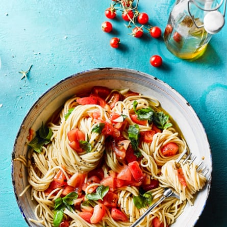 Spaghetti al picchio pacchio by Fabrizia Lanza. The Observer’s 20 best tomato recipes supplement. Food Stylist: Kim Morphew Prop stylist: Tamzin Ferdinando