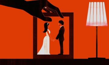illustration of bride and groom in a box with a shadowy hand reaching towards them