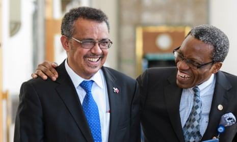 Ethiopia’s Tedros Adhanom Ghebreyesus, left, has been elected to lead the WHO after three rounds of voting, beating Dr David Nabarro and Dr Sania Nishtar to the role.