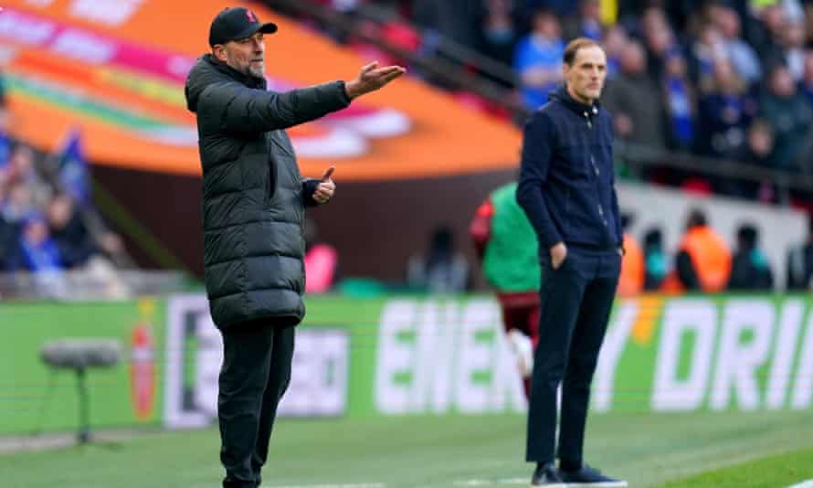 Liverpool manager Jürgen Klopp and Chelsea manager Thomas Tuchel during the Carabao Cup final at Wembley in February 2021