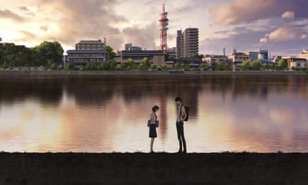 A couple stand by water with a cityscape behind, in the anime Belle