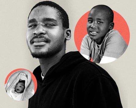 A picture of a young African man with two images of him as a child