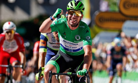 Mark Cavendish celebrates after winning stage 13 of the 2021 Tour de France in Carcassonne, a win that tied Eddy Merckx’s record
