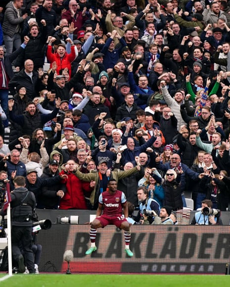 West Ham United's Mohammed Kudus celebrates in front of the joyous Hammers fans after extending their lead over Manchester United.