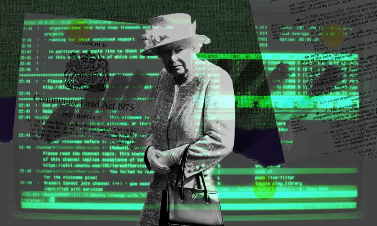 Illustration of the Queen in front of some computers to accompany the Engineering Blog post about Queen’s Consent