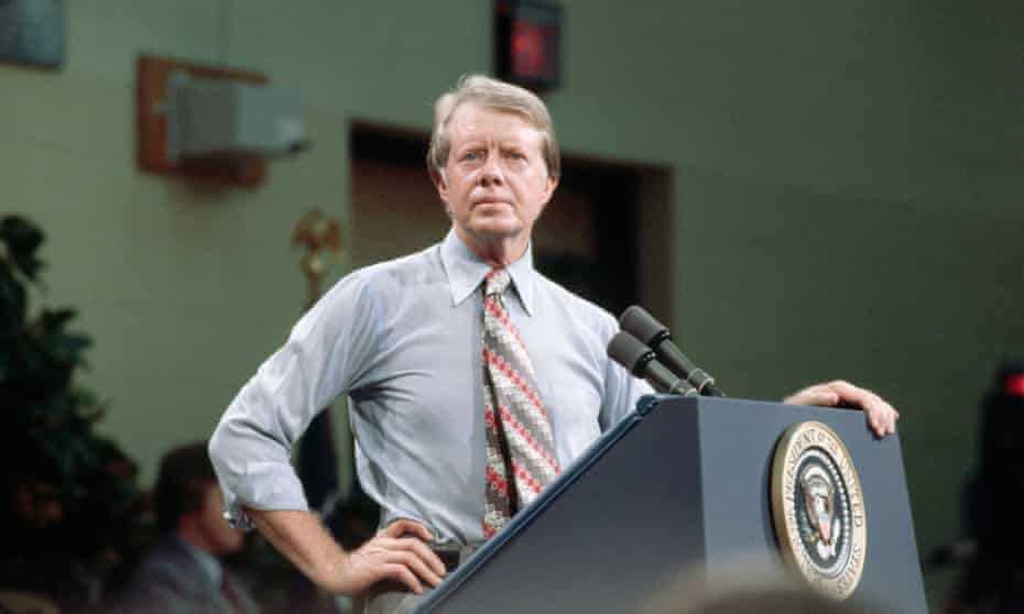 President Jimmy Carter listens to a question from his audience in Yazoo, Mississippi in July 1977. 