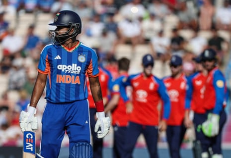 India's Shreyas Iyer walks after losing his wicket, caught by England's Sam Curran off the bowling of Liam Dawson.