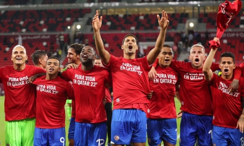 The Costa Rica players the celebrate victory over New Zealand in Qatar that sent them to the World Cup.