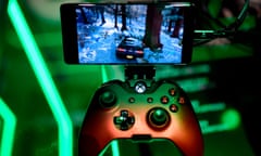 A cloud-based console is displayed at the Microsoft Xbox stand during a video games trade fair