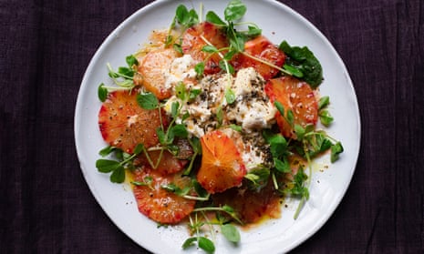 ‘You can always grill the feta if you wish’: baked feta with thyme, spinach and blood oranges. 