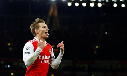 Martin Ødegaard celebrates scoring Arsenal’s third goal