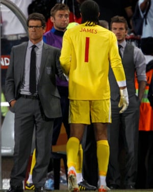 Fabio Capello, Rob Green, David James and David Beckham at the end of England’s second round World Cup defeat against Germany in Bloemfontein.