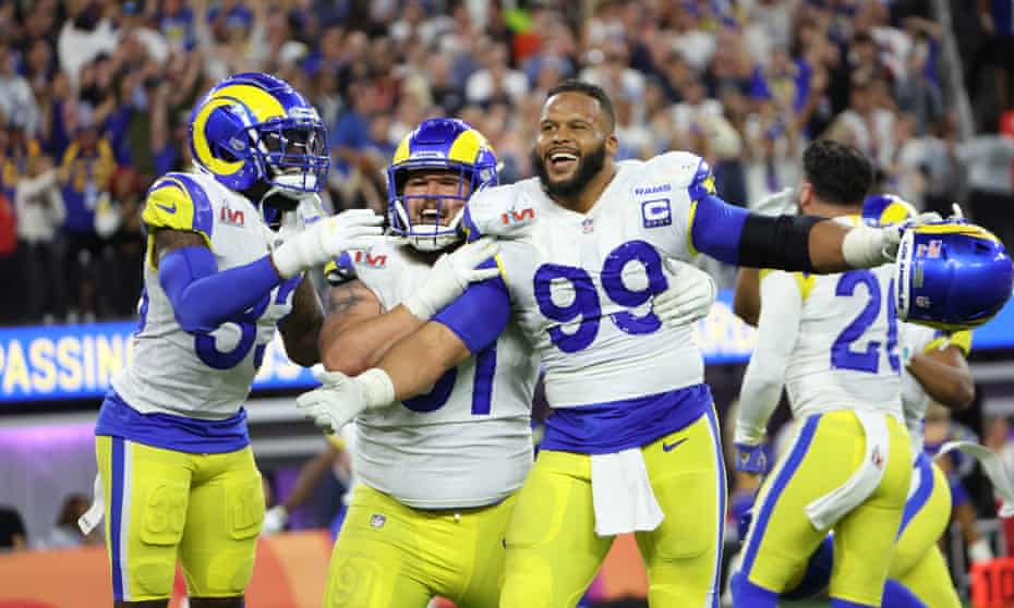 Aaron Donald celebrates his sack of Cincinnati Bengals quarterback Joe Burrow that effectively sealed Super Bowl LVI for the Los Angeles Rams